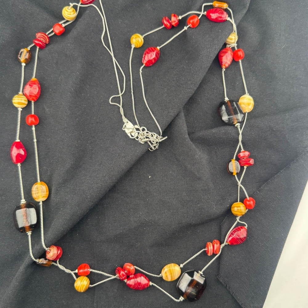 Glass Bead Multi Strand Station Necklace NY Red Brown Yellow Boho Layered 39"